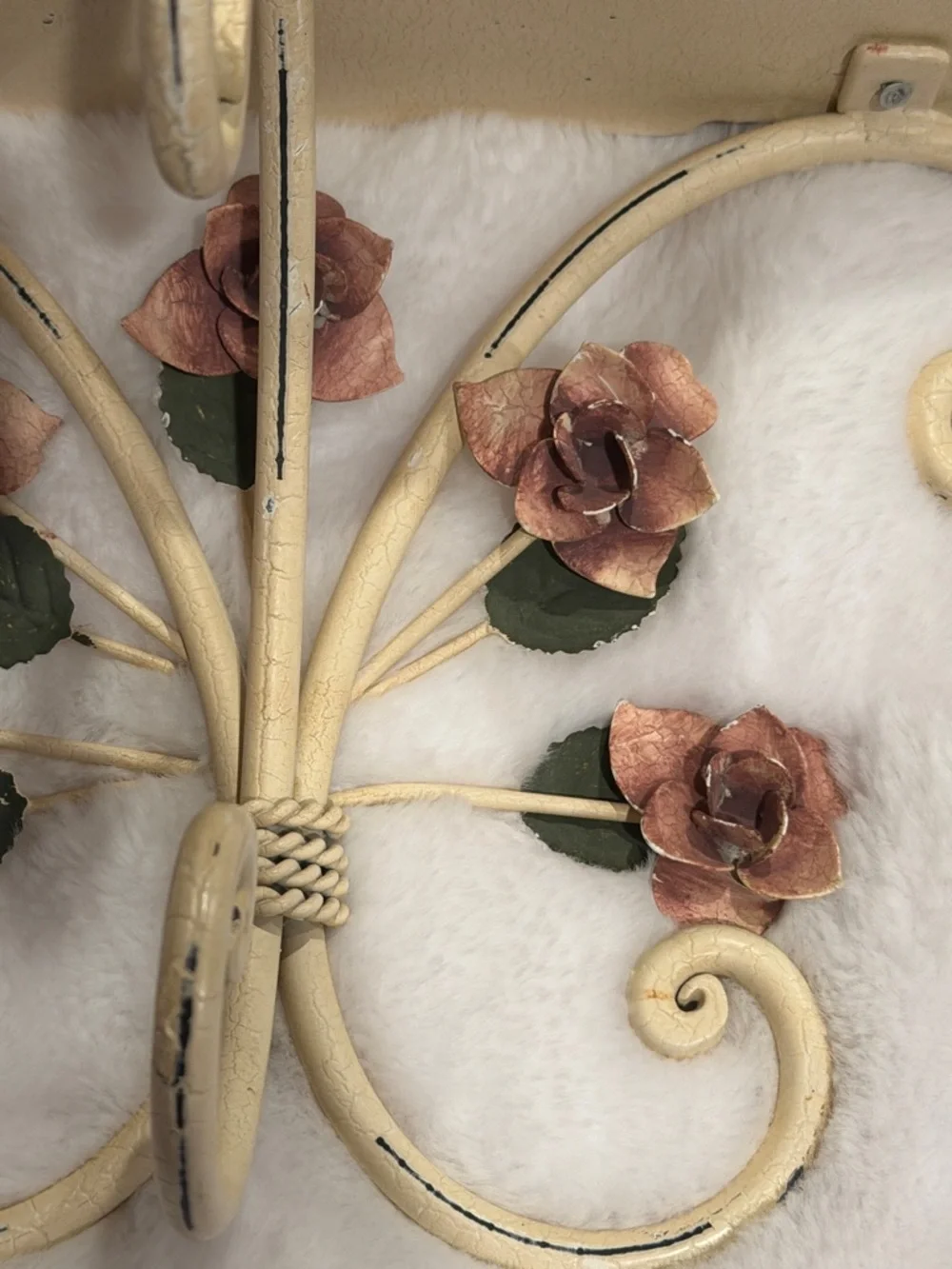 Shabby Chic Vintage Cream Metal Wall Shelf with Rose Accents